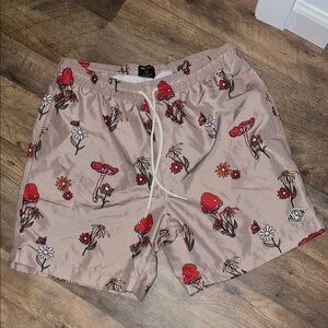 Pacsun Men's recycled Schrooms (Mushroom) Swim Trunks - Red and Tan sz M